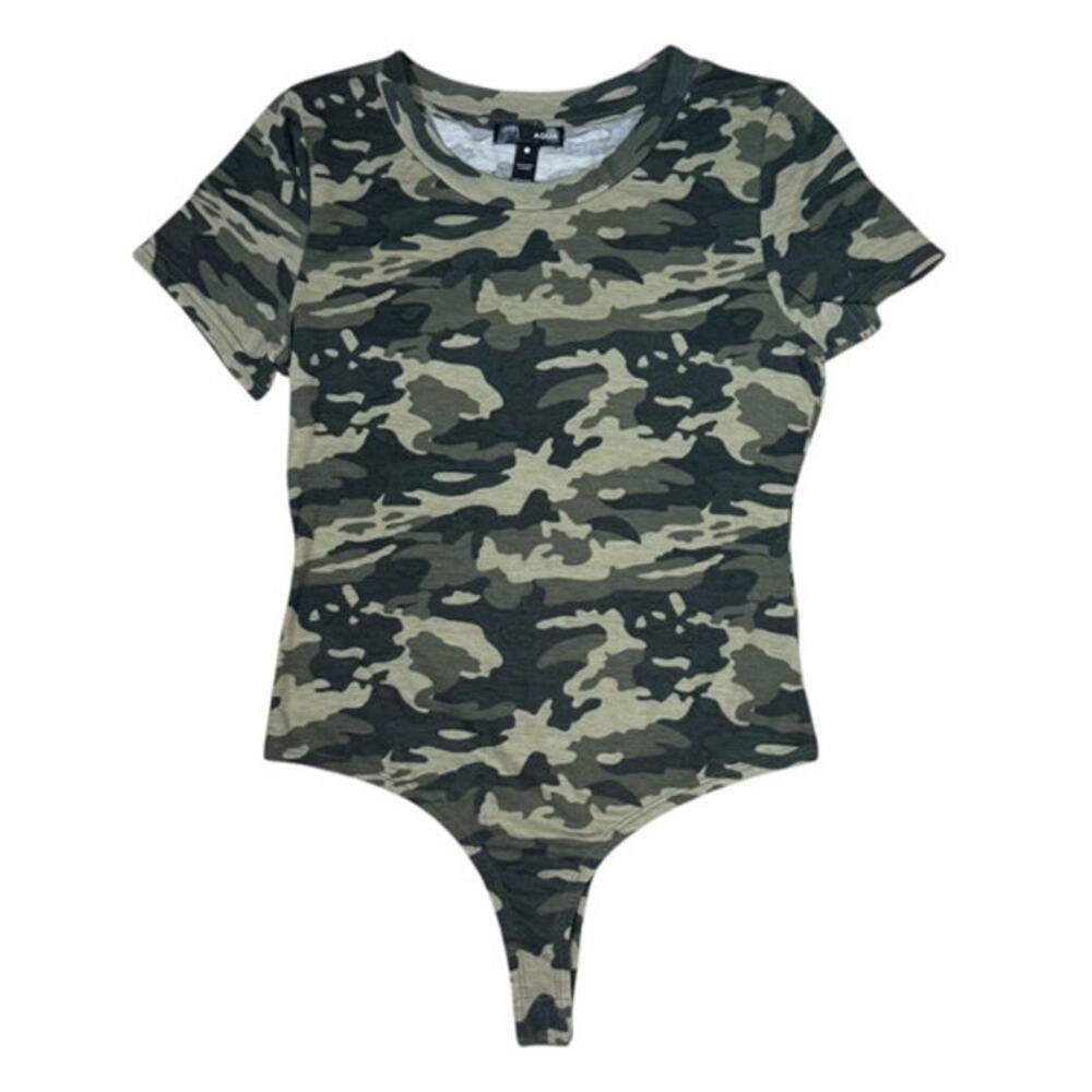 Aqua Short Sleeve Crew Neck Bodysuit Camo Print Size Medium Green & Brown